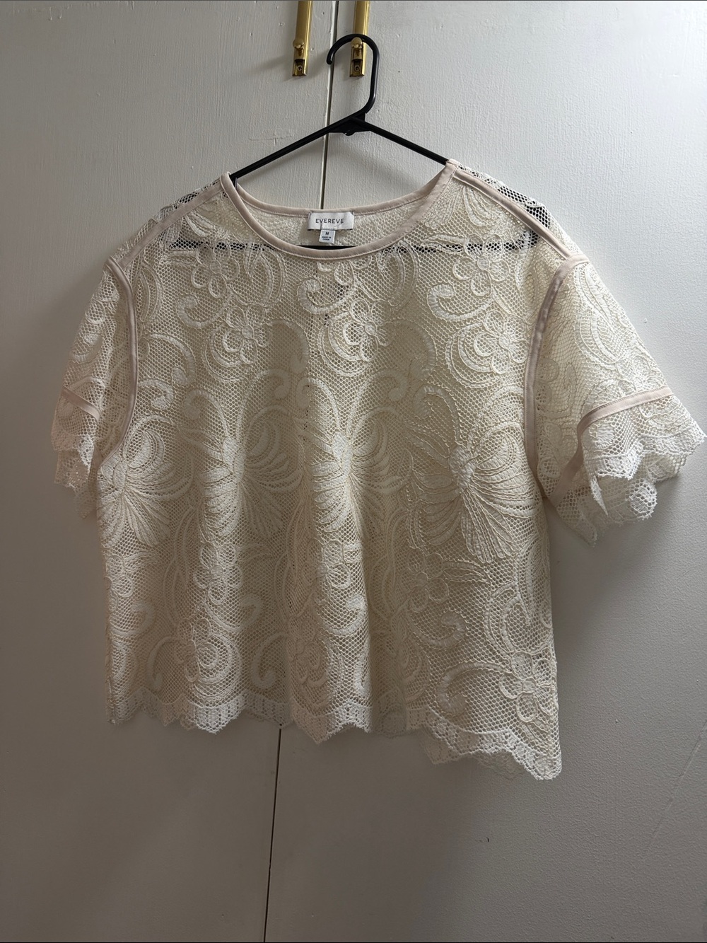 Evereve Cream Lace cropped Short-Sleeve Top